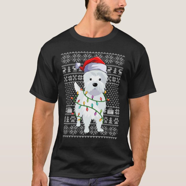 T-shirt Ugly Sweater Style Xmas Lights Santa Westie Dog Ch (Devant)