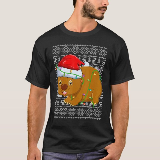 T-shirt Ugly Sweater Style Xmas Lights Santa Wombat Christ (Devant)
