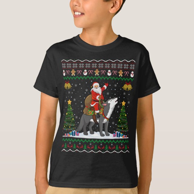 T-shirt Ugly Wolf Xmas Gift Santa Riding Wolf Christmas T  (Devant)