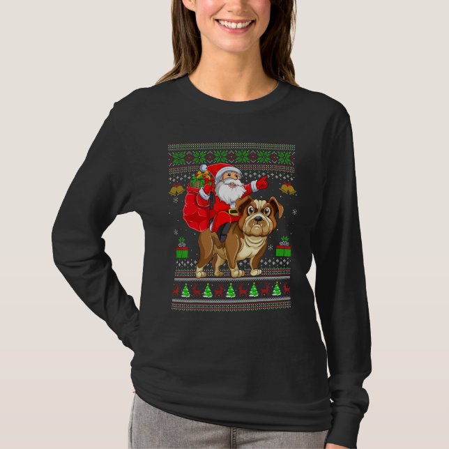 T-shirt Ugly Xmas Santa Riding Bulldog Christmas (Devant)