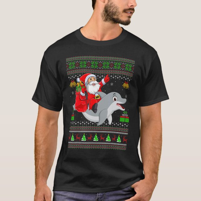 T-shirt Ugly Xmas Santa Riding Dolphin Fish Christmas (Devant)
