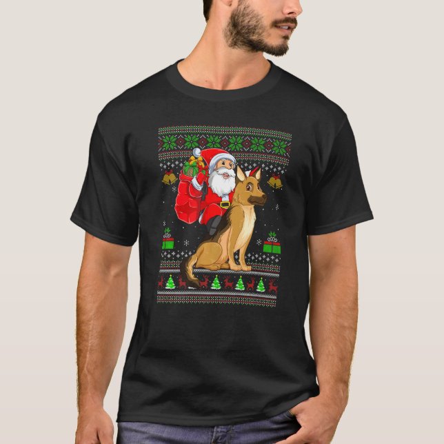 T-shirt Ugly Xmas Santa Riding German Shepherd Dog Christm (Devant)