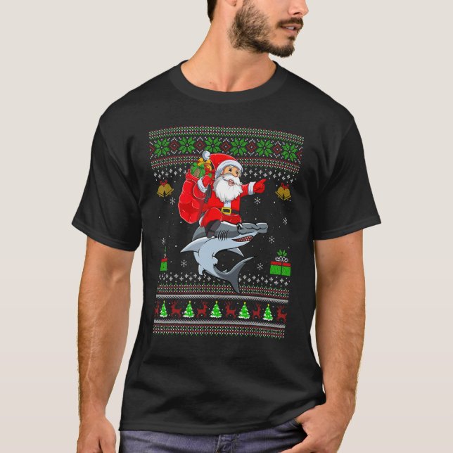 T-shirt Ugly Xmas Santa Riding Hammerhead Shark Fish Chris (Devant)