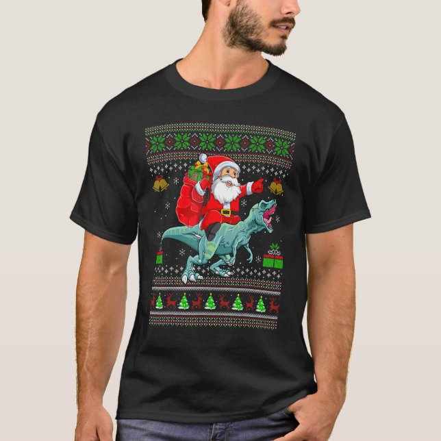 T-shirt Ugly Xmas Santa Riding Tyrannosaurus Dinosaur Chri (Devant)