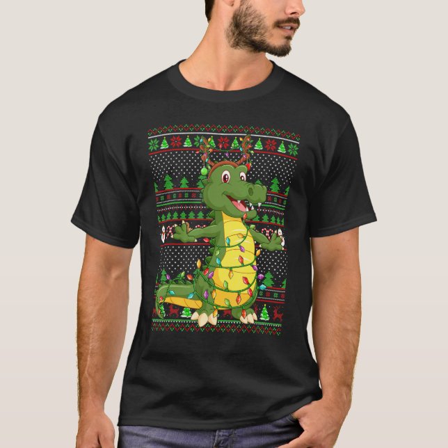 T-shirt Ugly Xmas Sweater Style Lighting Alligator Christm (Devant)