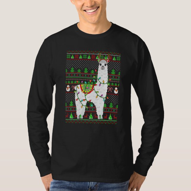 T-shirt Ugly Xmas Sweater Style Lighting Alpaca Christmas  (Devant)