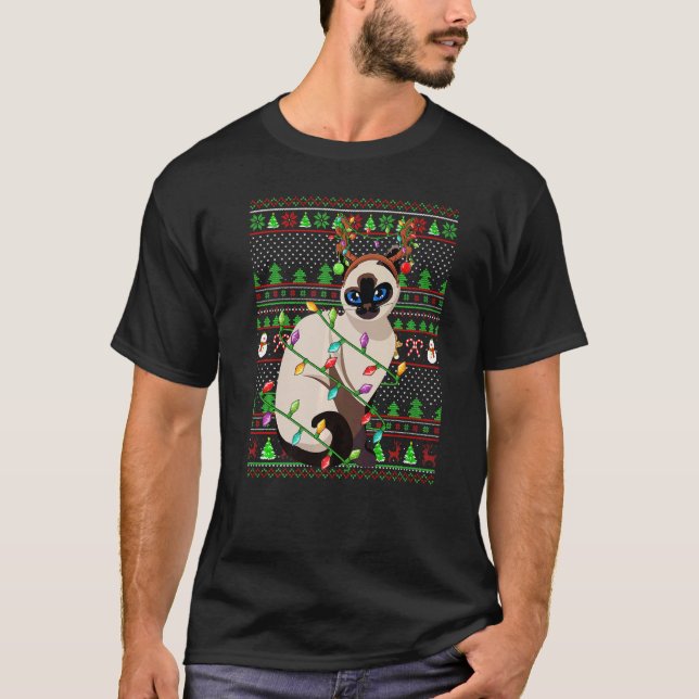 T-shirt Ugly Xmas Sweater Style Lighting Balinese Cat Chri (Devant)