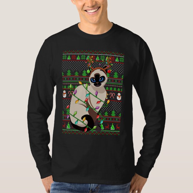 T-shirt Ugly Xmas Sweater Style Lighting Balinese Cat Chri (Devant)