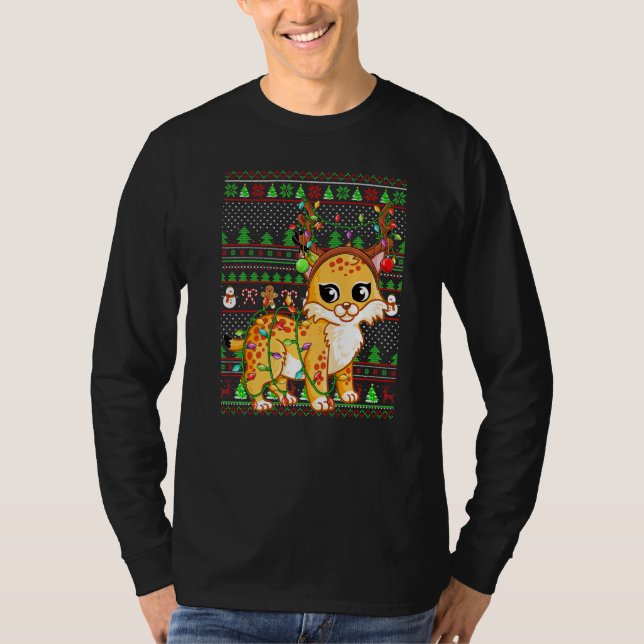 T-shirt Ugly Xmas Sweater Style Lighting Bobcat Christmas (Devant)