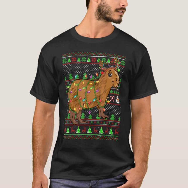 T-shirt Ugly Xmas Sweater Style Lighting Capybara Christma (Devant)