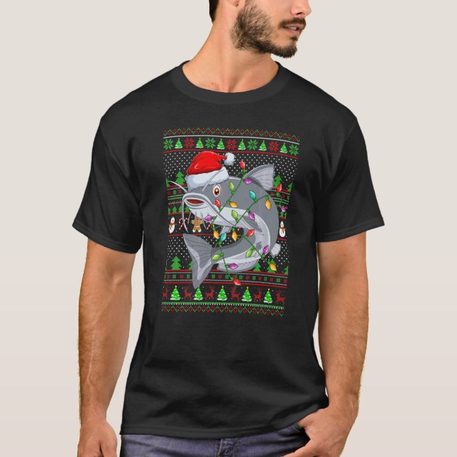 T-shirt Ugly Xmas Sweater Style Lighting Catfish Christmas (Devant)
