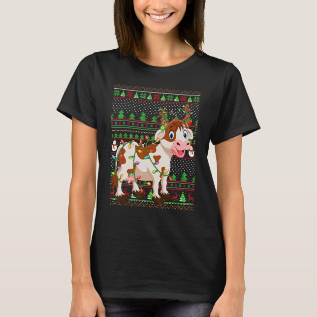 T-shirt Ugly Xmas Sweater Style Lighting Cattle Christmas (Devant)