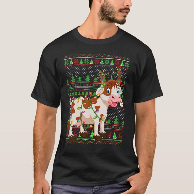 T-shirt Ugly Xmas Sweater Style Lighting Cattle Christmas (Devant)