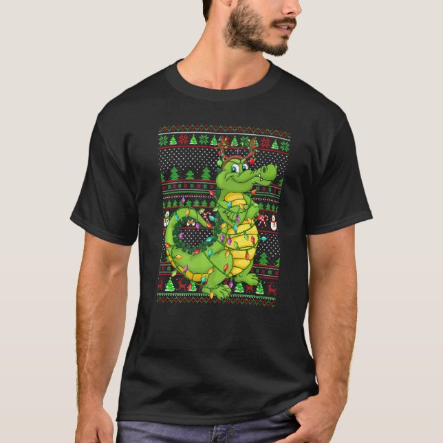 T-shirt Ugly Xmas Sweater Style Lighting Crocodile Christm (Devant)