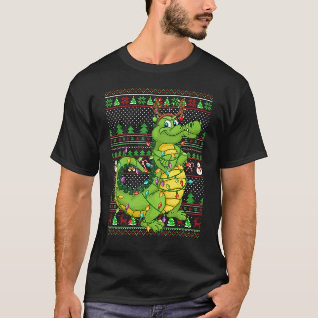 T-shirt Ugly Xmas Sweater Style Lighting Crocodile Christm (Devant)