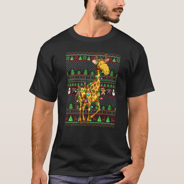 T-shirt Ugly Xmas Sweater Style Lighting Giraffe Christmas (Devant)