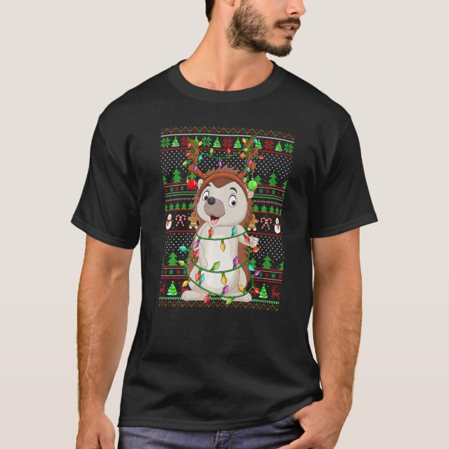 T-shirt Ugly Xmas Sweater Style Lighting Hedgehog Christma (Devant)
