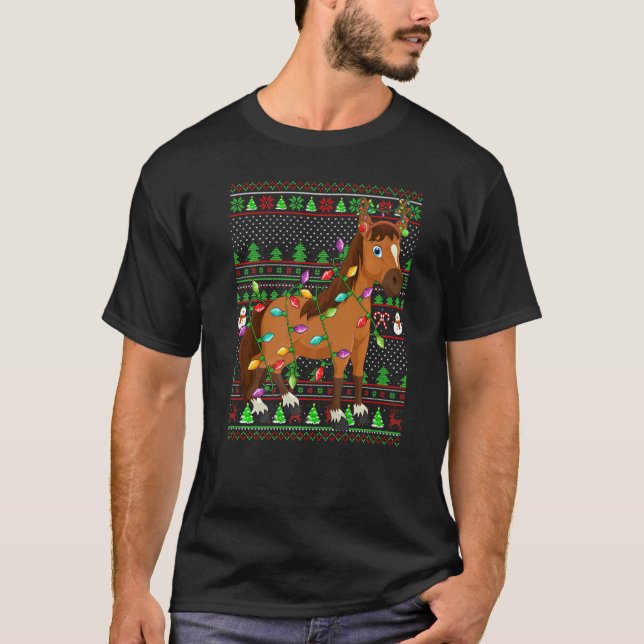T-shirt Ugly Xmas Sweater Style Lighting Horse Christmas (Devant)