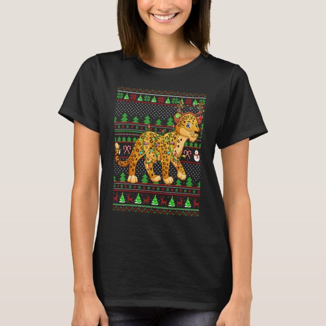 T-shirt Ugly Xmas Sweater Style Lighting Leopard Christmas (Devant)