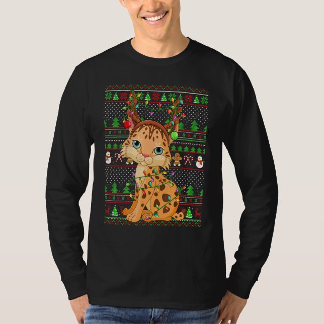 T-shirt Ugly Xmas Sweater Style Lighting Lynx Christmas (Devant)