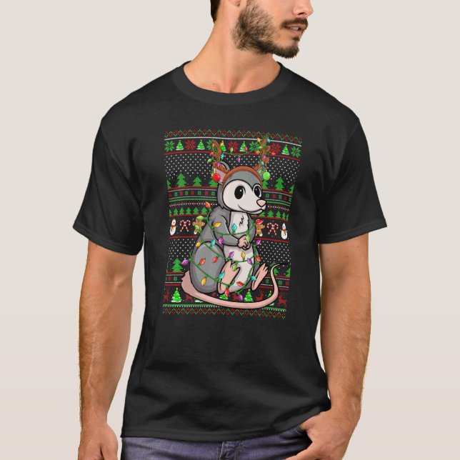 T-shirt Ugly Xmas Sweater Style Lighting Opossum Christmas (Devant)