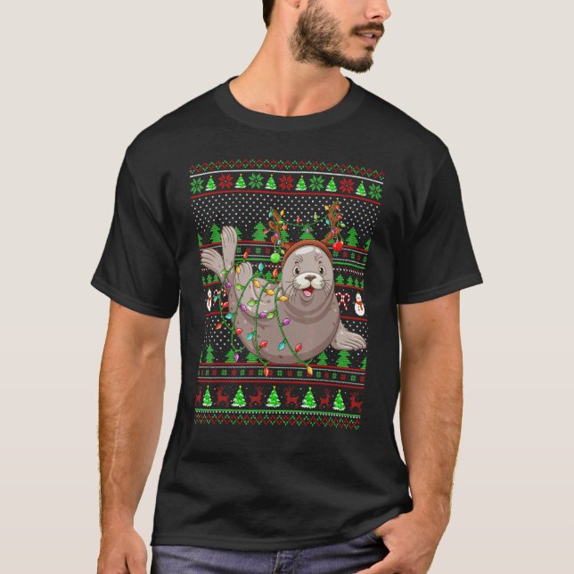 T-shirt Ugly Xmas Sweater Style Lighting Seals Christmas (Devant)