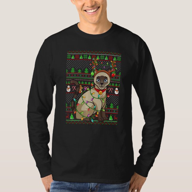 T-shirt Ugly Xmas Sweater Style Lighting Siamese Cat Chris (Devant)