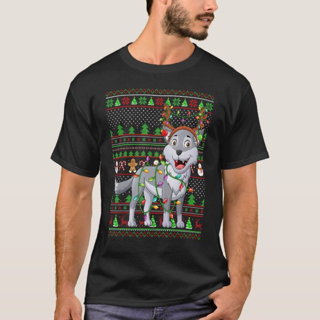 T-shirt Ugly Xmas Sweater Style Lighting Wolf Christmas (Devant)