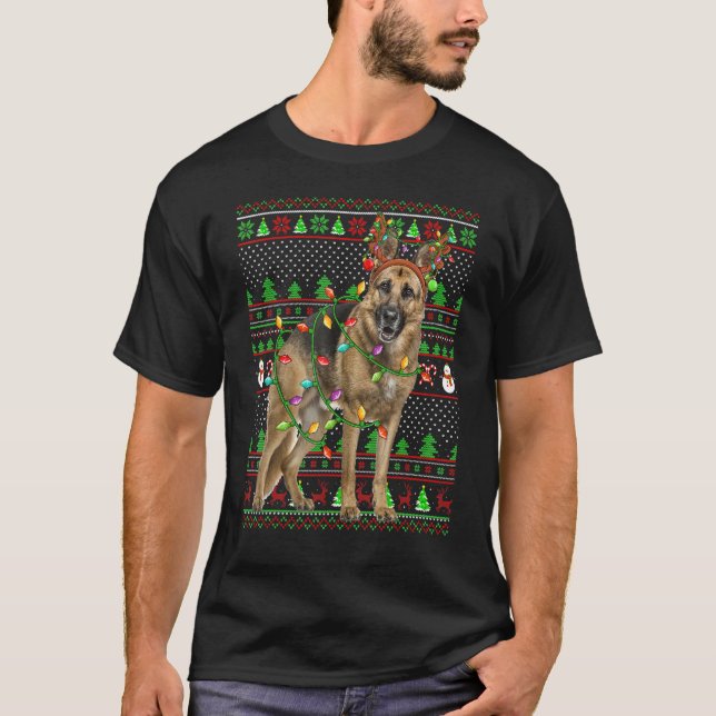 T-shirt Ugly Xmas Sweater Style Lights German Shepherd Dog (Devant)