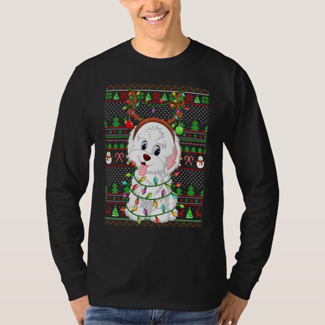T-shirt Ugly Xmas Sweater Style Lights Havanese Dog Christ (Devant)
