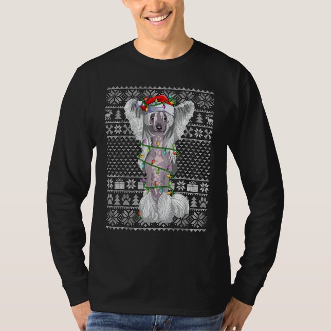 T-shirt Ugly Xmas Sweater Style Santa Chinese Crested Dog  (Devant)