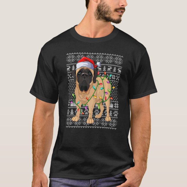 T-shirt Ugly Xmas Sweater Style Santa English Mastiff Dog  (Devant)