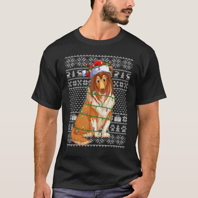T-shirt Ugly Xmas Sweater Style Santa Shetland Sheepdog Ch (Devant)