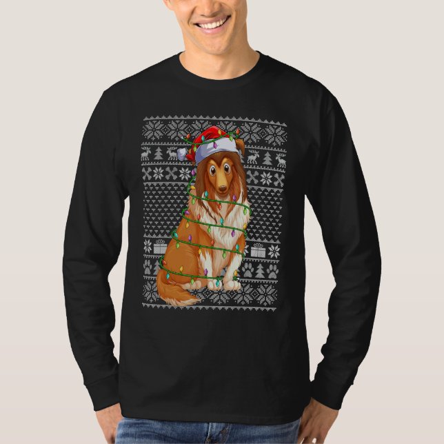 T-shirt Ugly Xmas Sweater Style Santa Shetland Sheepdog Ch (Devant)