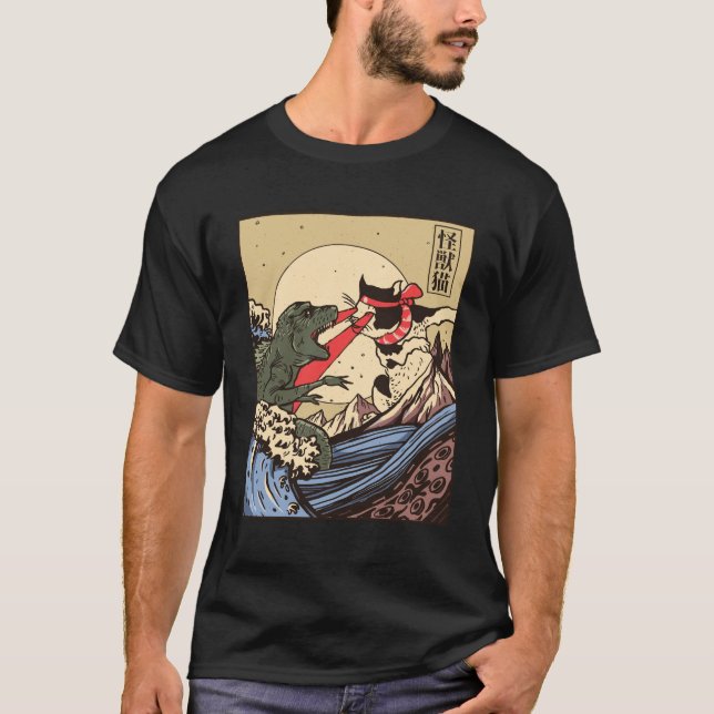 T-shirt Ukiyo-e Catzilla Samurai contre Giant Kaiju  (Devant)
