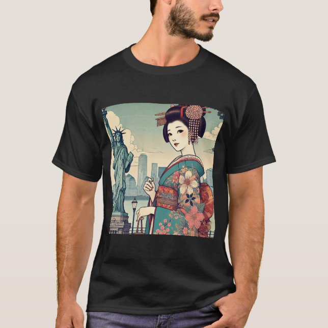 T-shirt Ukiyo-e style: Oiran alongside the Statue of Liber (Devant)