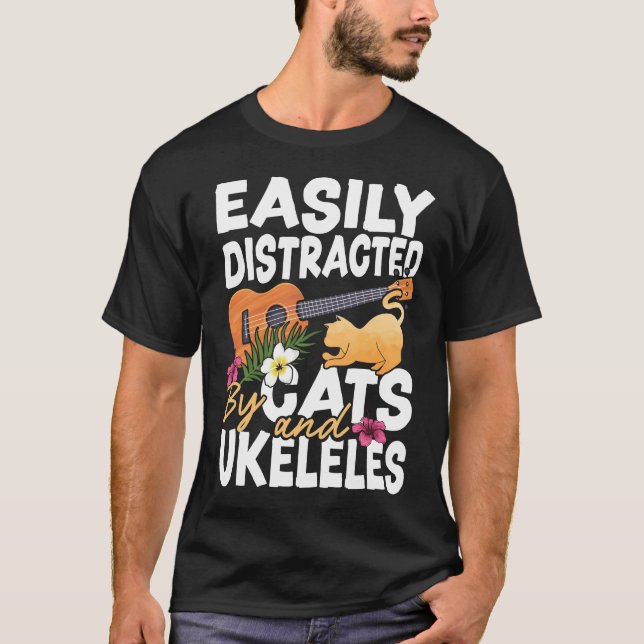 T-shirt Ukulele Facilement Distrait Par Les Chats Et Ukule (Devant)