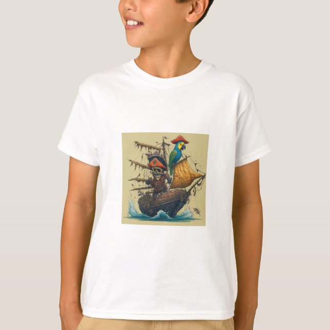 T-shirt un bateau de pirates avec perroquet (Devant)