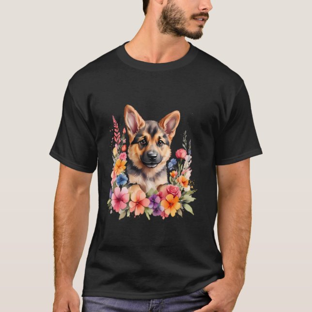 T-shirt Un berger allemand décoré de belles fleurs (Devant)