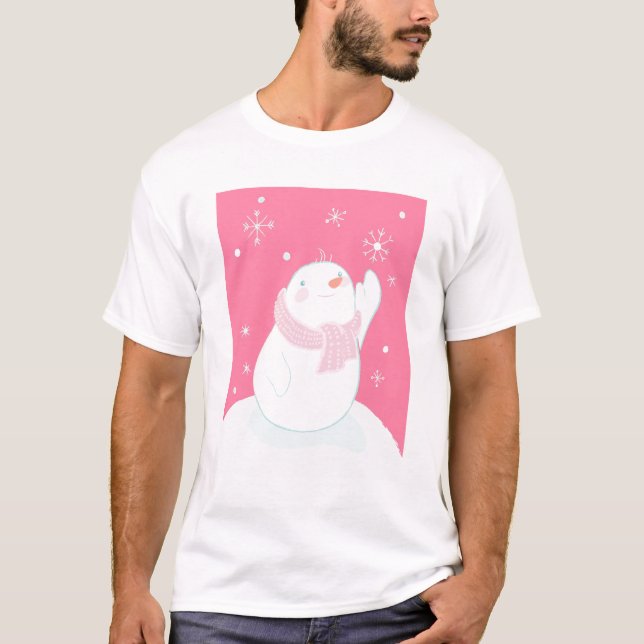 T-shirt Un bonhomme de neige atteignant pour un flocon de (Devant)