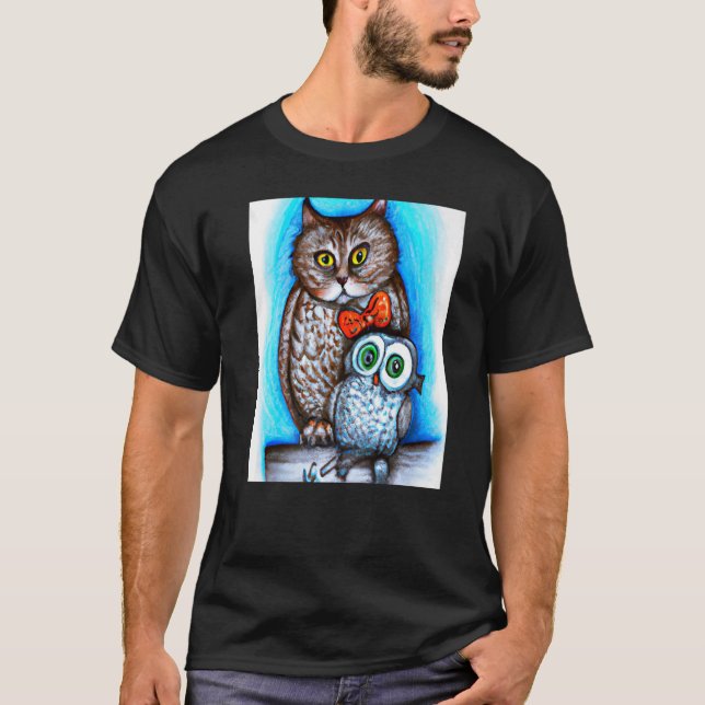 T-shirt Un chat et un hibou mélangés (Devant)