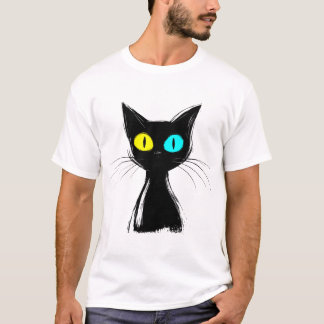 T-shirt Un chat noir éffrayant avec bleu gauche et jaune d