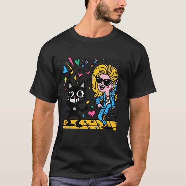 T-shirt Un chat noir et une beauté blonde dansant ensemble (Devant)