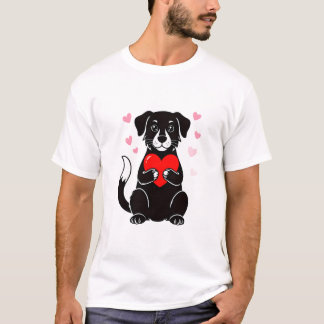 T-shirt Un chiot noir tenant un cœur rouge