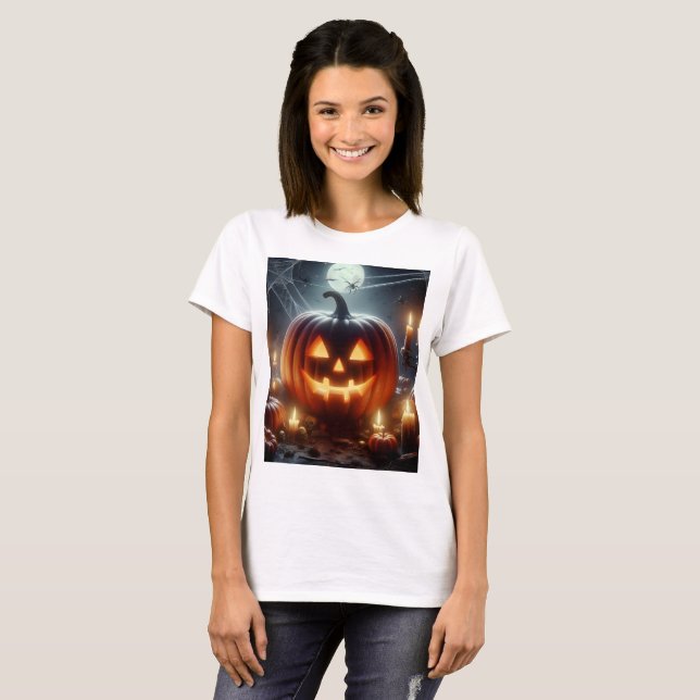 T-shirt un citrouille d'halloween avec une toile d'araigné (Devant entier)
