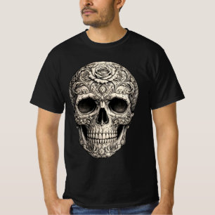 T-shirt Un crâne orné de motifs argentés et floraux