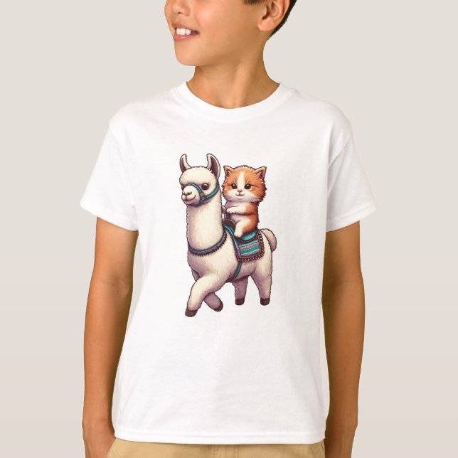T-shirt Un Cudtly Kitten Riding Fluffy Llama, Cat et Llama (Devant)