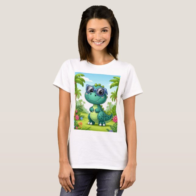 T-shirt Un dinosaure de dessin animé avec lunettes de sole (Devant entier)