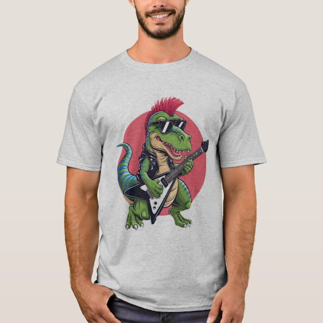 T-shirt un dinosaure de dessin animé jouant d'une guitare  (Devant)