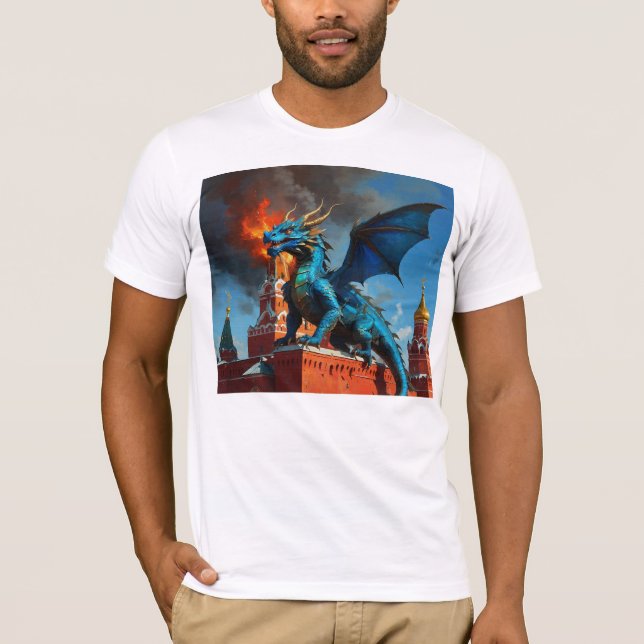 T-shirt Un dragon bleu et or visite Moscou (Devant)